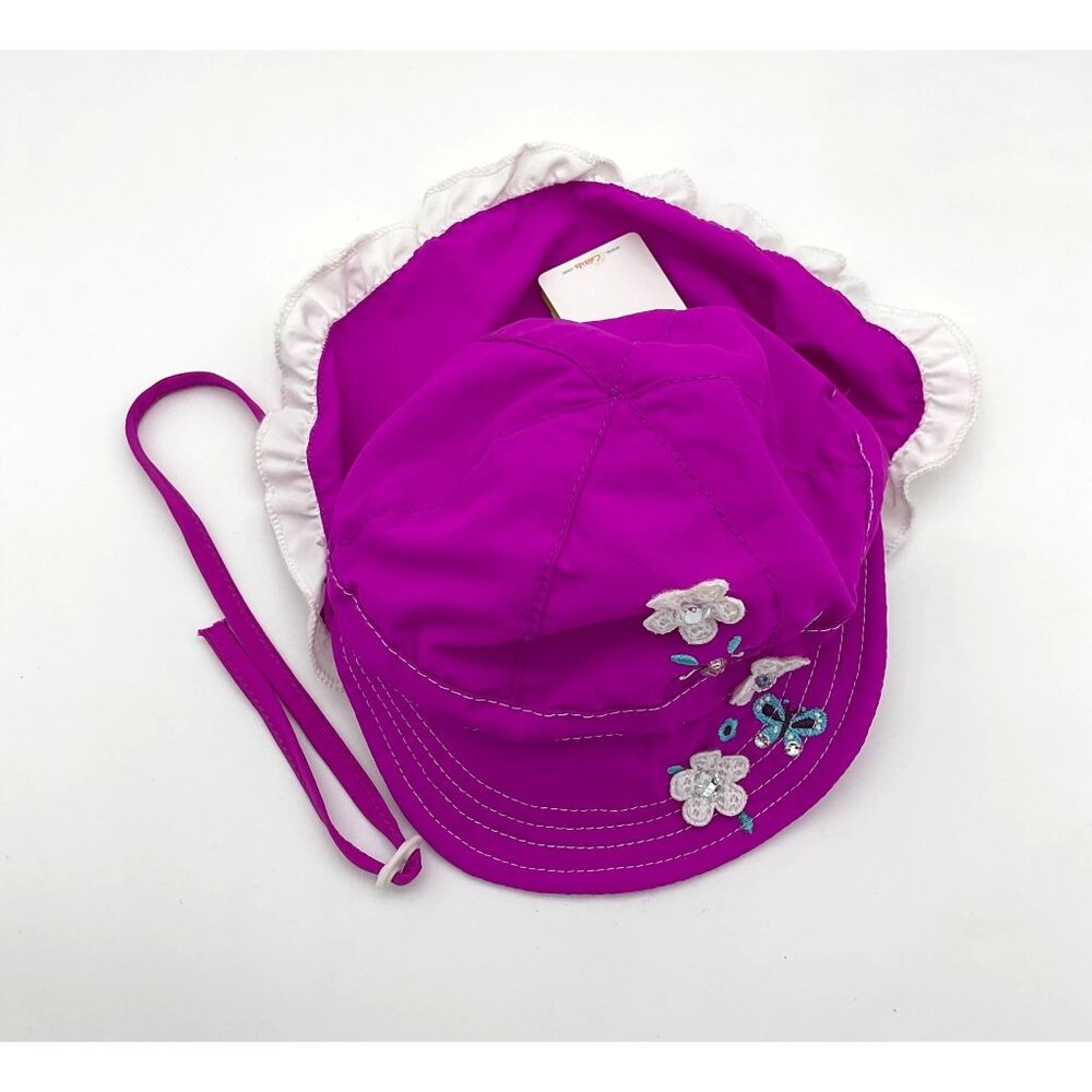 CaliKids Magenta UV Adjustable Flap Hat Applique & Embroidered Ruffled XS NWT